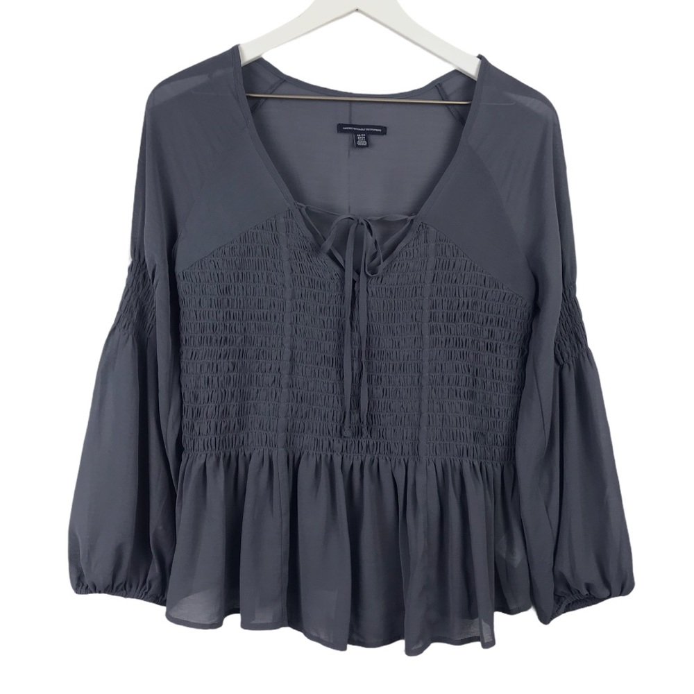 American Eagle Grey Smocked Peasant Top